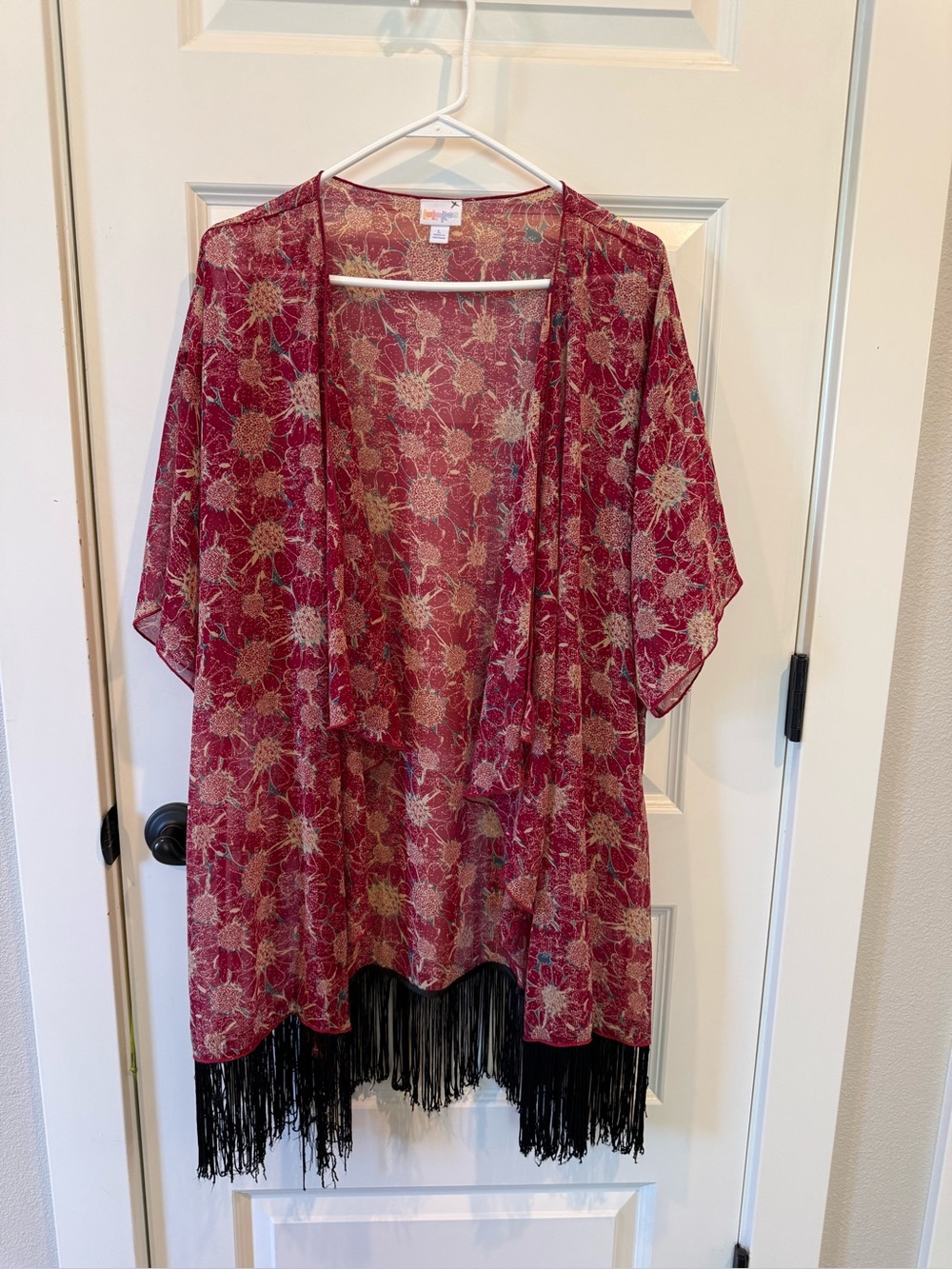 LuLaRoe Red Floral Kimono-Style Cardigan with Teal Accents